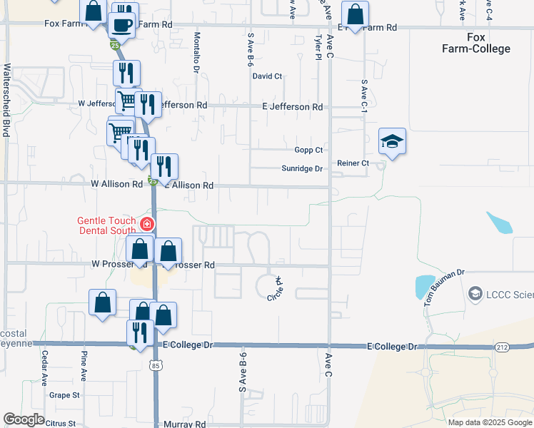 map of restaurants, bars, coffee shops, grocery stores, and more near 1012 Alice Court in Cheyenne