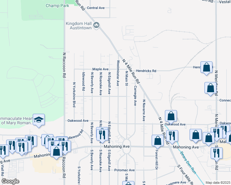 map of restaurants, bars, coffee shops, grocery stores, and more near 175 North Edgehill Avenue in Youngstown