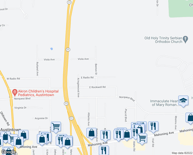 map of restaurants, bars, coffee shops, grocery stores, and more near 249 Benton Street in Austintown