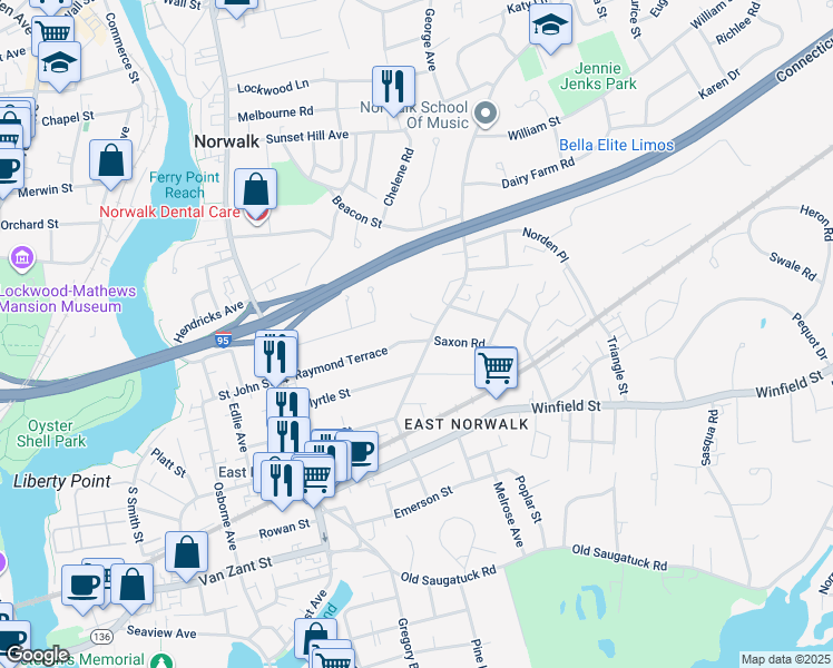 map of restaurants, bars, coffee shops, grocery stores, and more near 2 Woodland Court in Norwalk