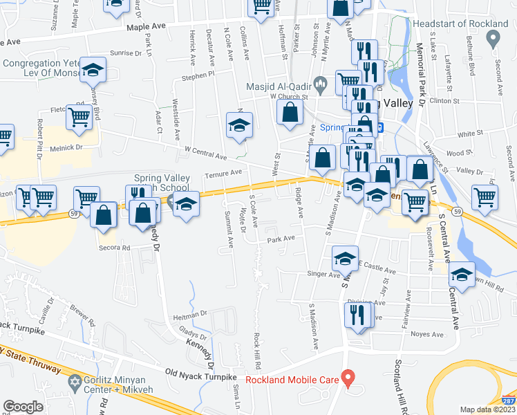 map of restaurants, bars, coffee shops, grocery stores, and more near 25 South Cole Avenue in Spring Valley