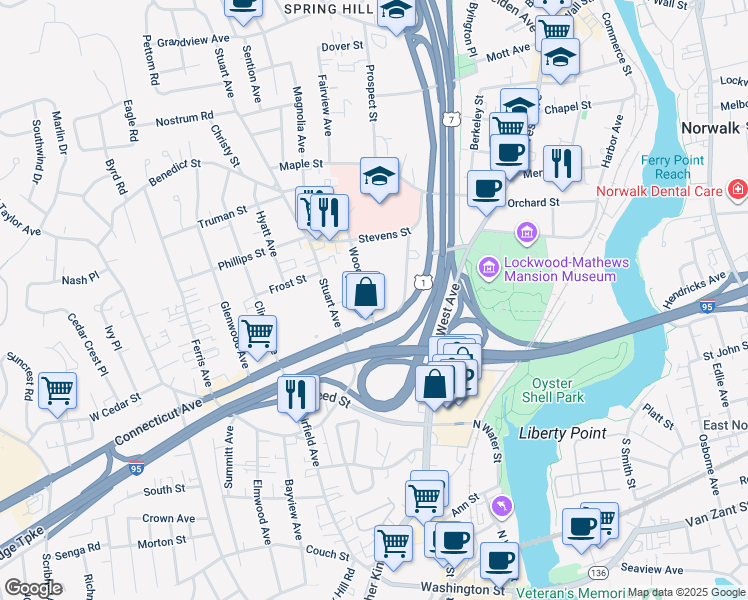 map of restaurants, bars, coffee shops, grocery stores, and more near 5 Woodbury Avenue in Norwalk