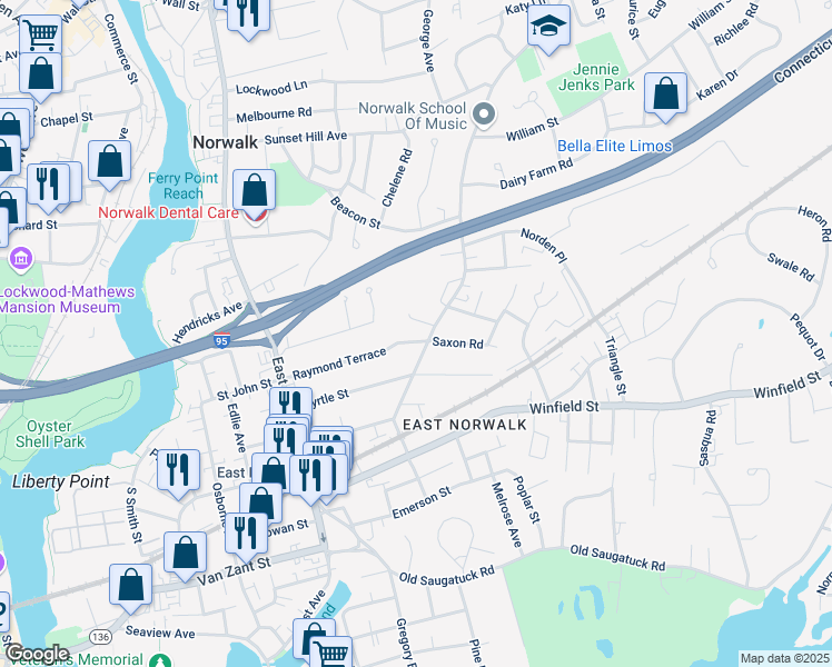 map of restaurants, bars, coffee shops, grocery stores, and more near 2 Woodland Court in Norwalk