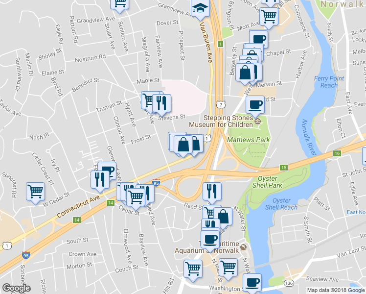 map of restaurants, bars, coffee shops, grocery stores, and more near 19 Woodbury Avenue in Norwalk