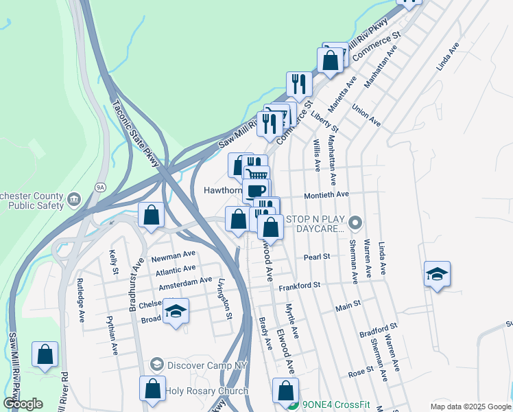 map of restaurants, bars, coffee shops, grocery stores, and more near 388 Elwood Avenue in Hawthorne