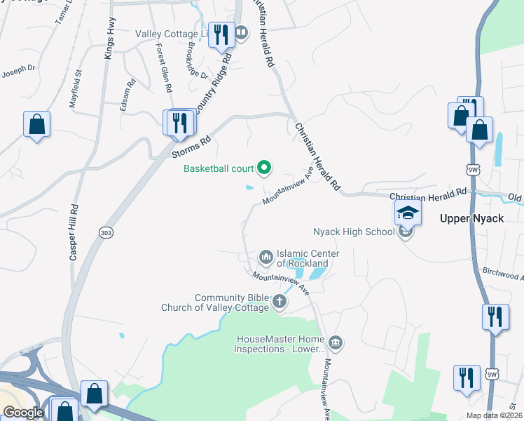 map of restaurants, bars, coffee shops, grocery stores, and more near 515 Mountainview Avenue in Valley Cottage