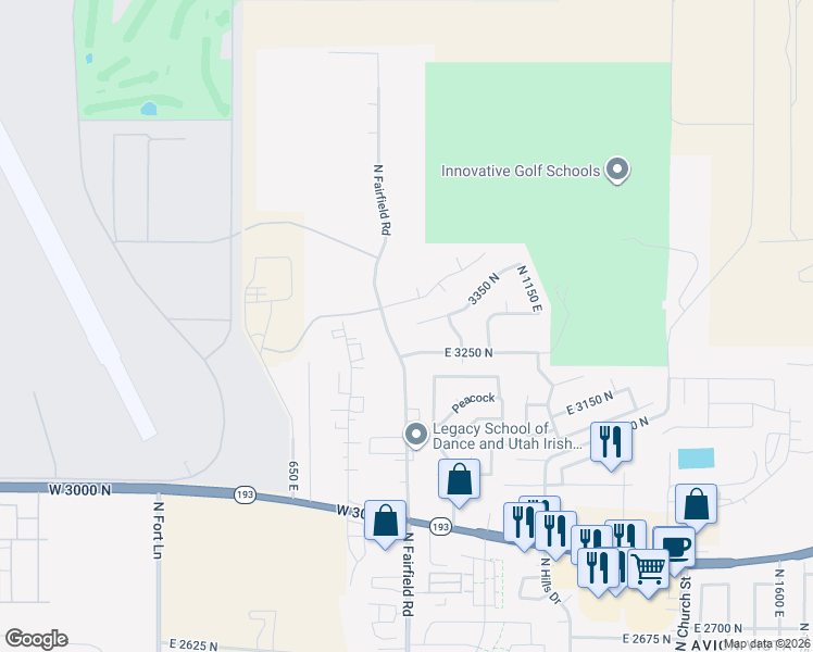map of restaurants, bars, coffee shops, grocery stores, and more near 871 3350 North in Layton
