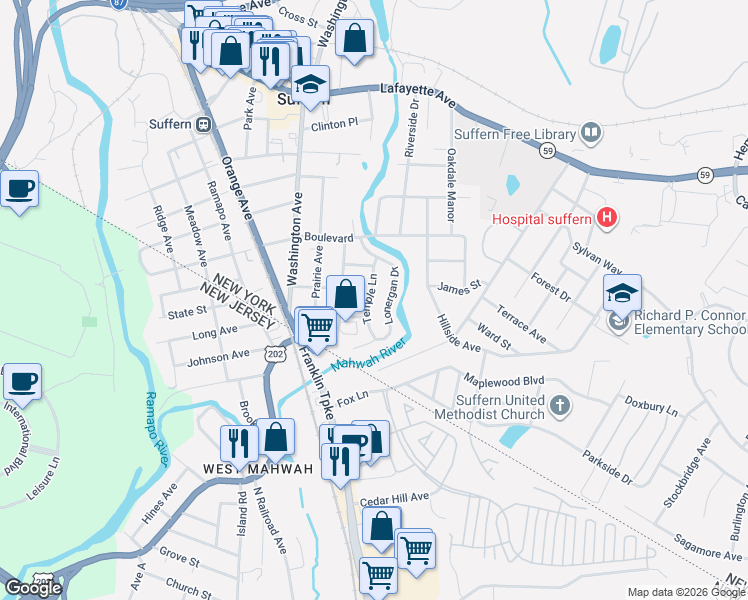 map of restaurants, bars, coffee shops, grocery stores, and more near 10 Temple Lane in Suffern