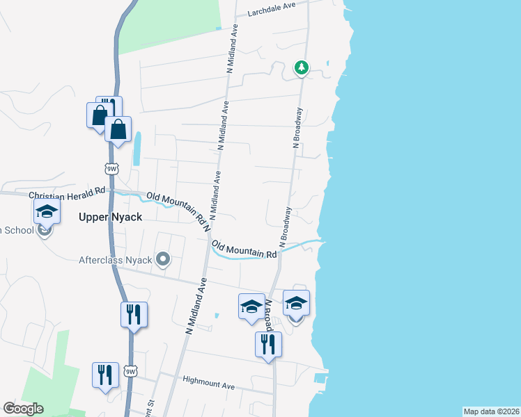 map of restaurants, bars, coffee shops, grocery stores, and more near 109 Wydendown Road in Upper Nyack