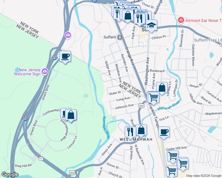 map of restaurants, bars, coffee shops, grocery stores, and more near 5 Jersey Avenue in Mahwah