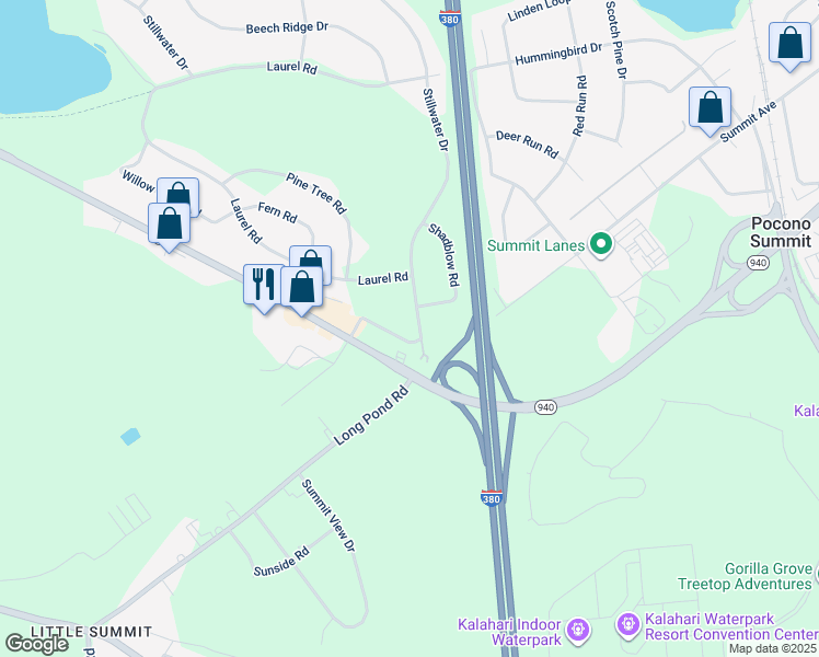 map of restaurants, bars, coffee shops, grocery stores, and more near 123 Stillwater Drive in Pocono Summit