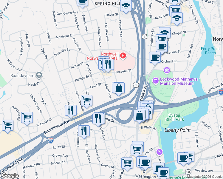 map of restaurants, bars, coffee shops, grocery stores, and more near 501 West Avenue in Norwalk