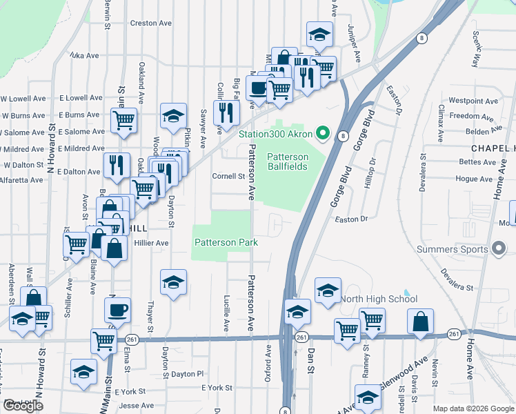 map of restaurants, bars, coffee shops, grocery stores, and more near 856 Patterson Avenue in Akron