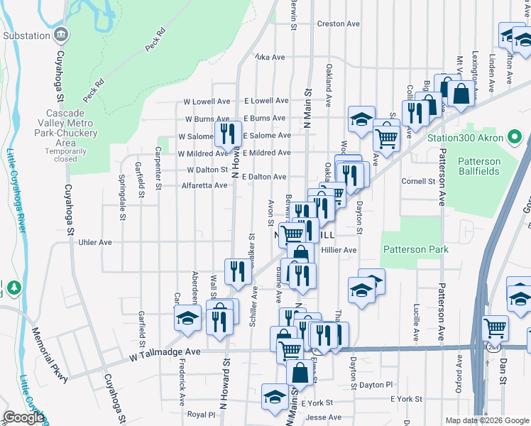 map of restaurants, bars, coffee shops, grocery stores, and more near 868 Avon Street in Akron