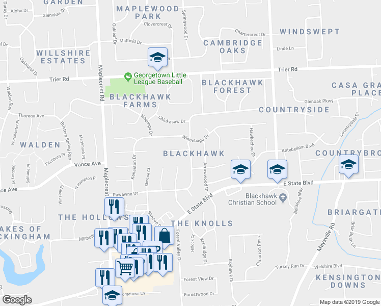 map of restaurants, bars, coffee shops, grocery stores, and more near 3305 Marias Drive in Fort Wayne