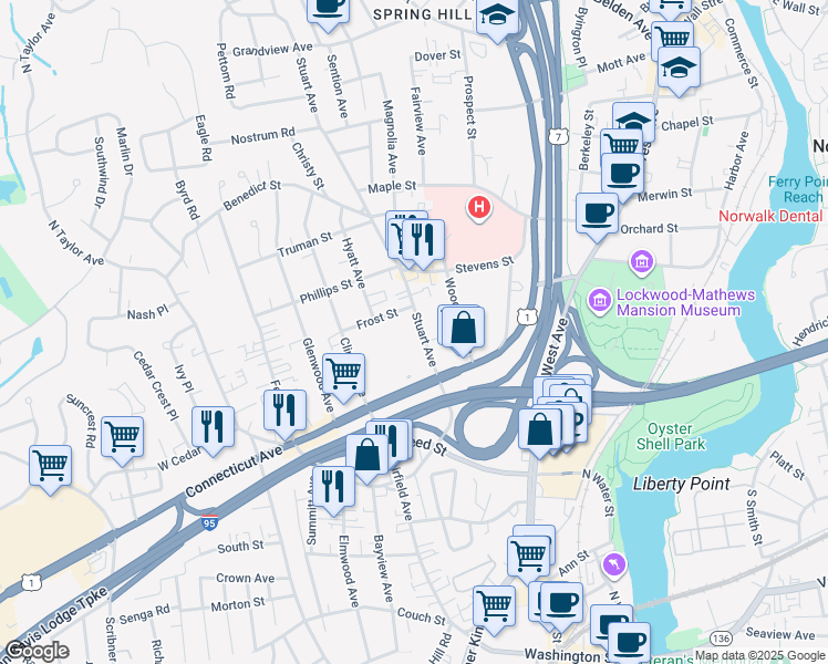 map of restaurants, bars, coffee shops, grocery stores, and more near 43 Stuart Avenue in Norwalk