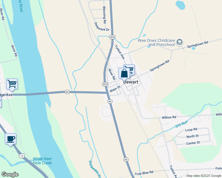 map of restaurants, bars, coffee shops, grocery stores, and more near in Dewart