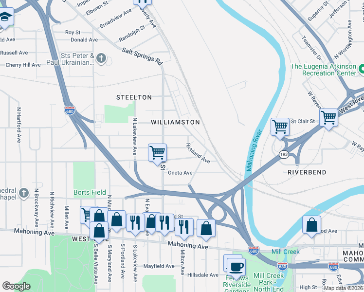 map of restaurants, bars, coffee shops, grocery stores, and more near 531 Salt Springs Road in Youngstown