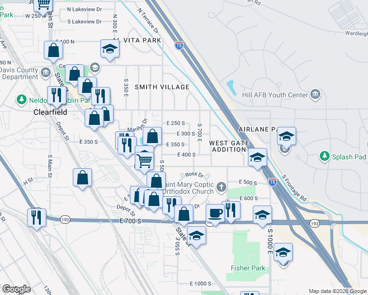 map of restaurants, bars, coffee shops, grocery stores, and more near 582 East 350 South in Clearfield