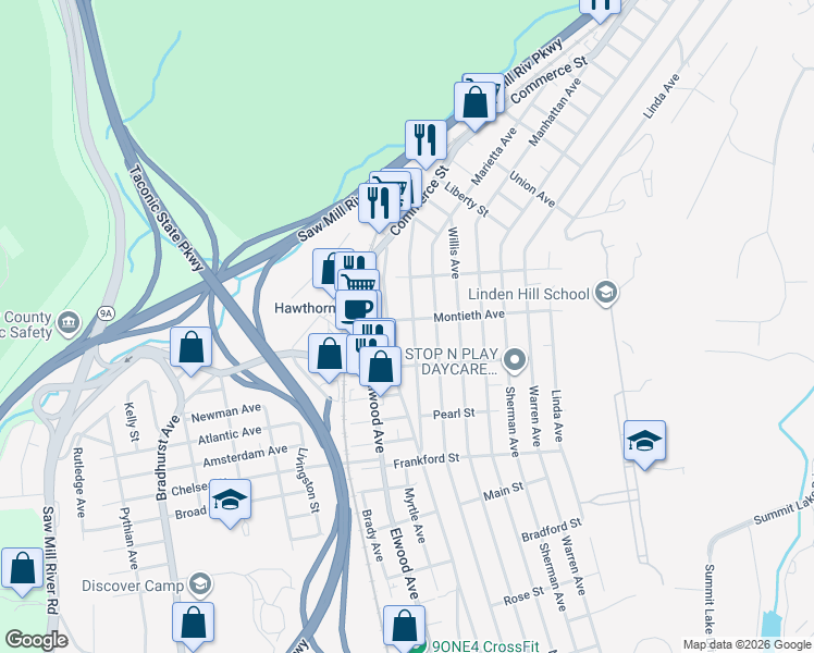 map of restaurants, bars, coffee shops, grocery stores, and more near 371 Fort Washington Avenue in Hawthorne