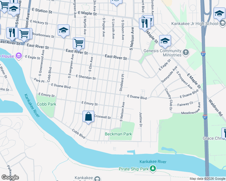 map of restaurants, bars, coffee shops, grocery stores, and more near 844 South Lincoln Avenue in Kankakee