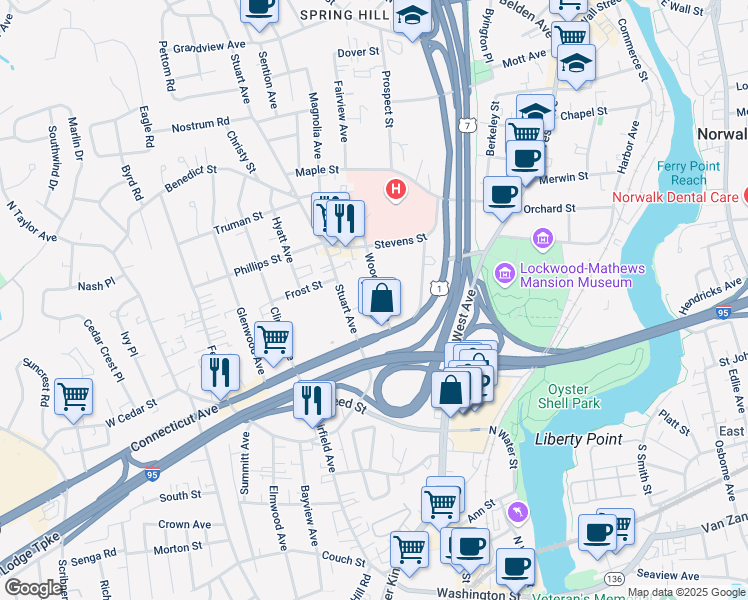 map of restaurants, bars, coffee shops, grocery stores, and more near 501 West Avenue in Norwalk