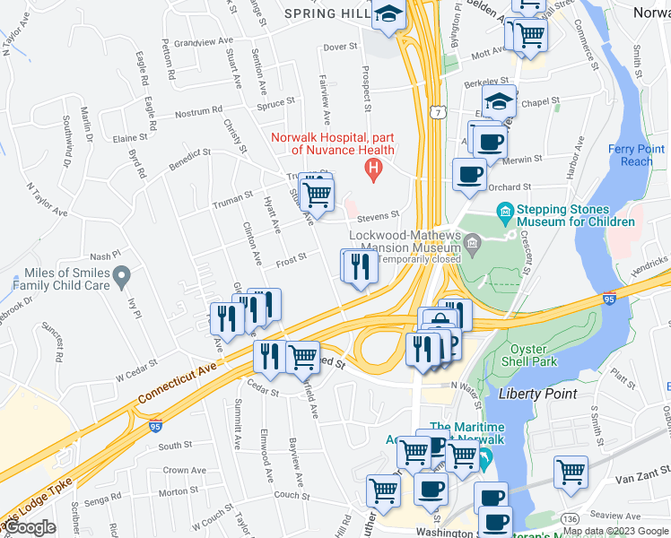 map of restaurants, bars, coffee shops, grocery stores, and more near 501 West Avenue in Norwalk