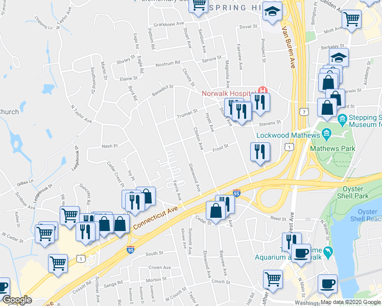 map of restaurants, bars, coffee shops, grocery stores, and more near 37 Clinton Avenue in Norwalk