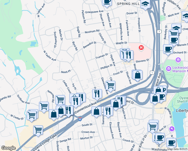 map of restaurants, bars, coffee shops, grocery stores, and more near 29 Phillips Street in Norwalk