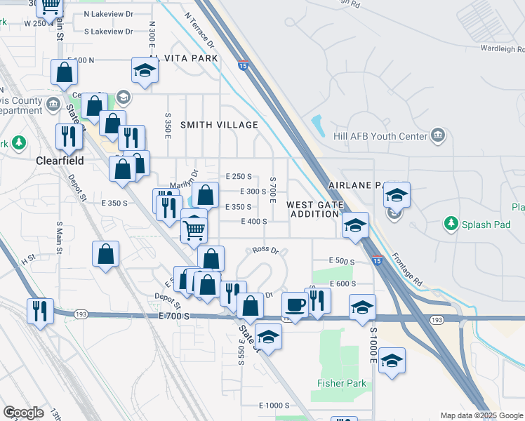 map of restaurants, bars, coffee shops, grocery stores, and more near 357 South 600 East in Clearfield