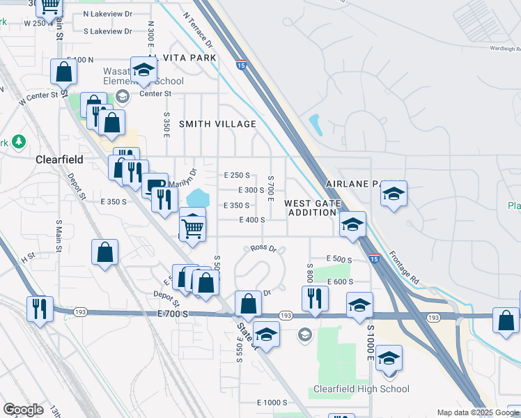 map of restaurants, bars, coffee shops, grocery stores, and more near 357 South 600 East in Clearfield