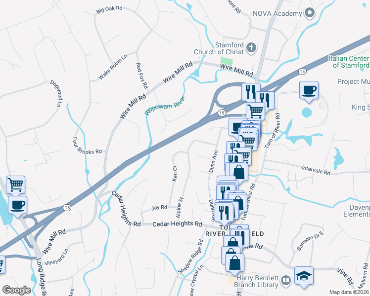 map of restaurants, bars, coffee shops, grocery stores, and more near 55 Alpine Street in Stamford