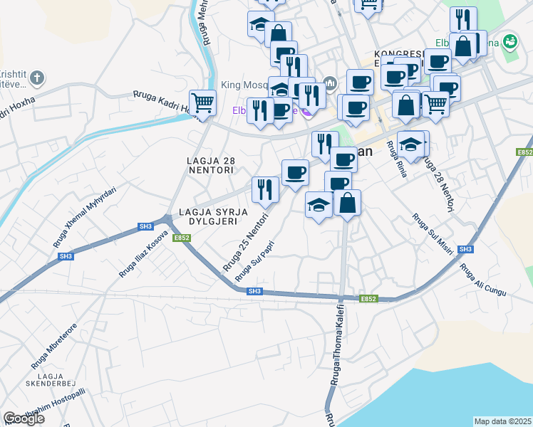 map of restaurants, bars, coffee shops, grocery stores, and more near Rruga 25 Nentori in Elbasan