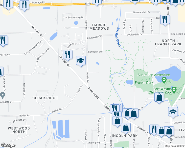 map of restaurants, bars, coffee shops, grocery stores, and more near 2011 Olympia Court in Fort Wayne
