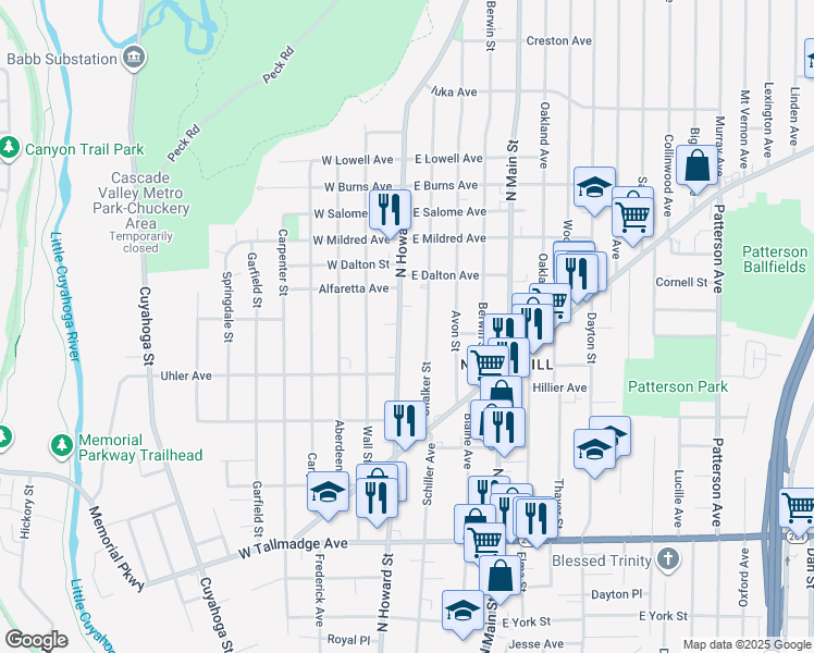 map of restaurants, bars, coffee shops, grocery stores, and more near 849 North Howard Street in Akron