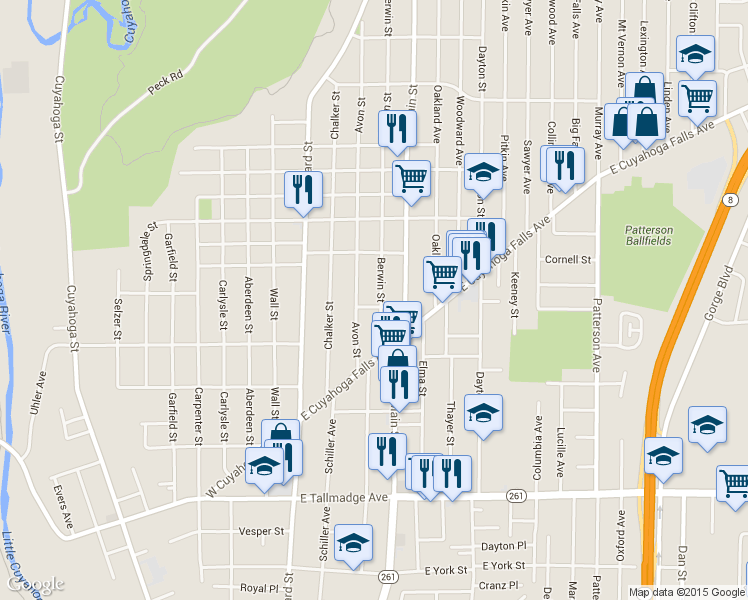 map of restaurants, bars, coffee shops, grocery stores, and more near 866 Berwin Street in Akron