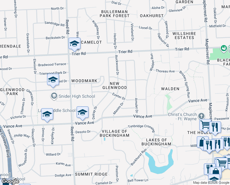 map of restaurants, bars, coffee shops, grocery stores, and more near 3419 Rockwood Drive in Fort Wayne