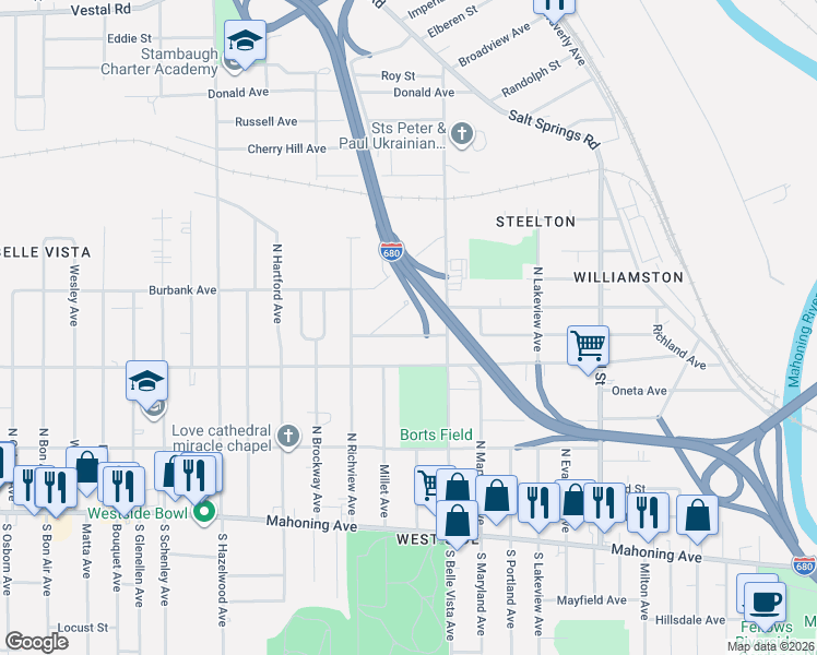 map of restaurants, bars, coffee shops, grocery stores, and more near 1966 Smithfield Street in Youngstown