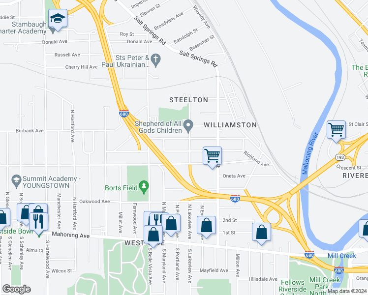 map of restaurants, bars, coffee shops, grocery stores, and more near 1729 Midland Avenue in Youngstown