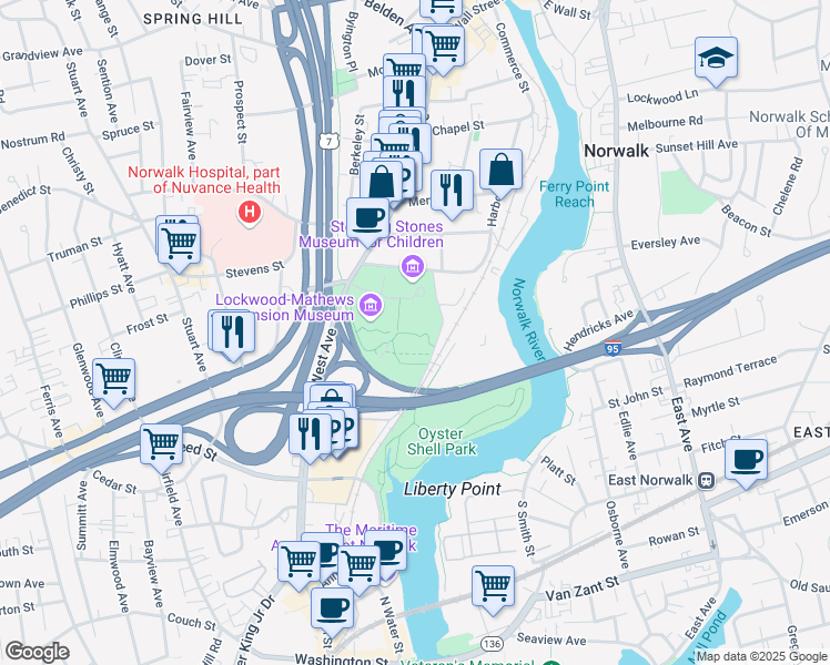 map of restaurants, bars, coffee shops, grocery stores, and more near 295 West Norwalk Road in Norwalk