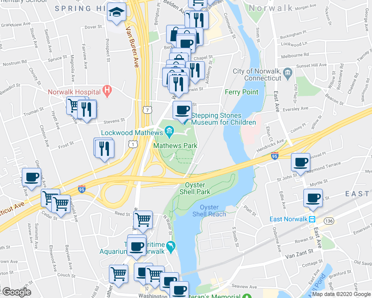 map of restaurants, bars, coffee shops, grocery stores, and more near 295 West Ave in Norwalk