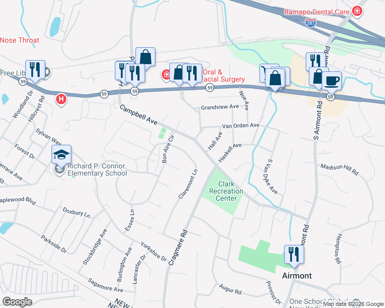 map of restaurants, bars, coffee shops, grocery stores, and more near 10 Claremont Lane in Suffern