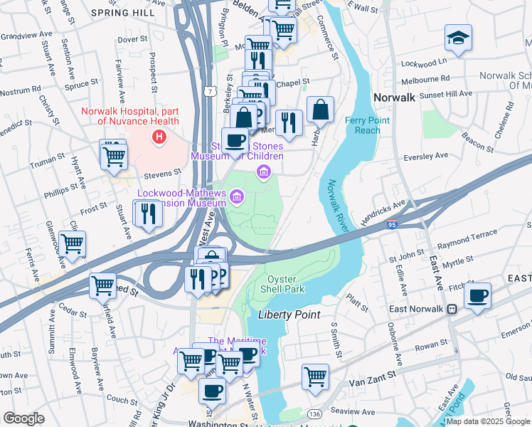 map of restaurants, bars, coffee shops, grocery stores, and more near 295 West Avenue in Norwalk
