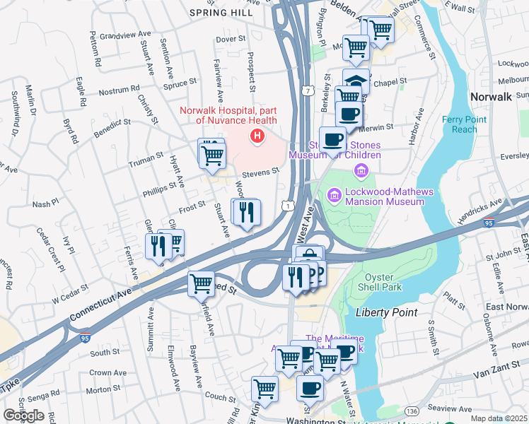map of restaurants, bars, coffee shops, grocery stores, and more near 19 Woodbury Avenue in Norwalk