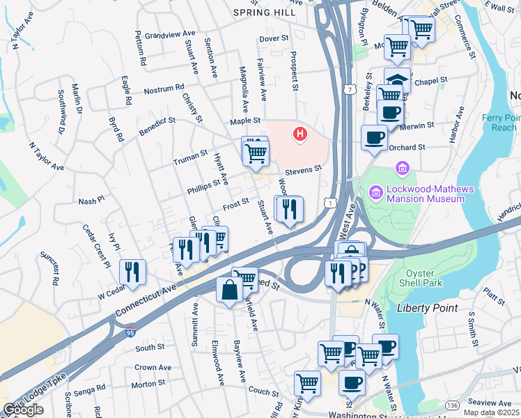 map of restaurants, bars, coffee shops, grocery stores, and more near 2D Frost Street in Norwalk
