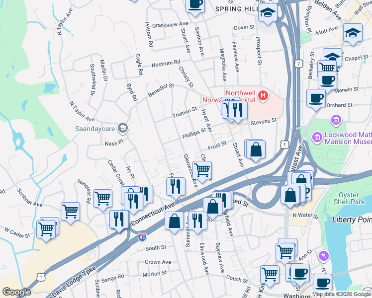 map of restaurants, bars, coffee shops, grocery stores, and more near 37 Clinton Avenue in Norwalk