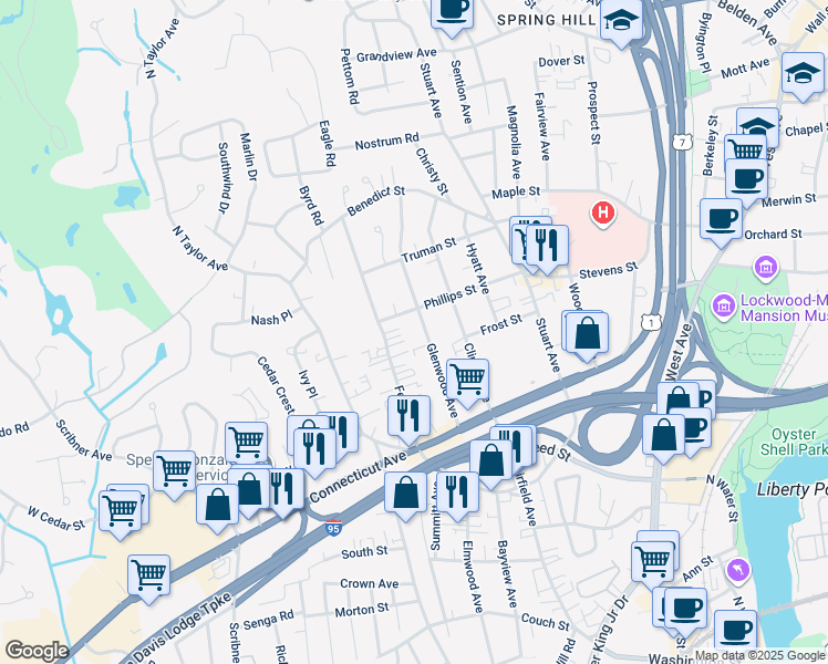 map of restaurants, bars, coffee shops, grocery stores, and more near 29 Phillips Street in Norwalk