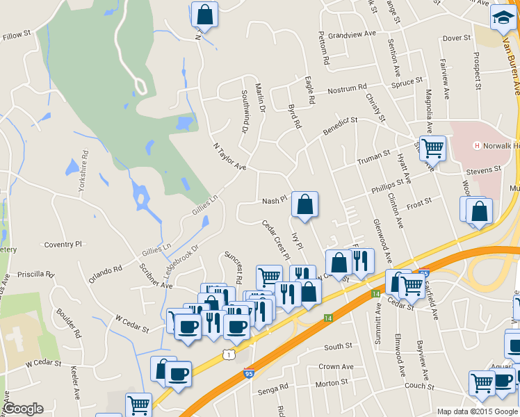 map of restaurants, bars, coffee shops, grocery stores, and more near 20 Nash Place in Norwalk