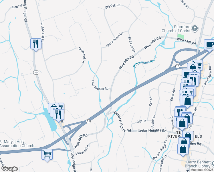 map of restaurants, bars, coffee shops, grocery stores, and more near 276 Wire Mill Road in Stamford
