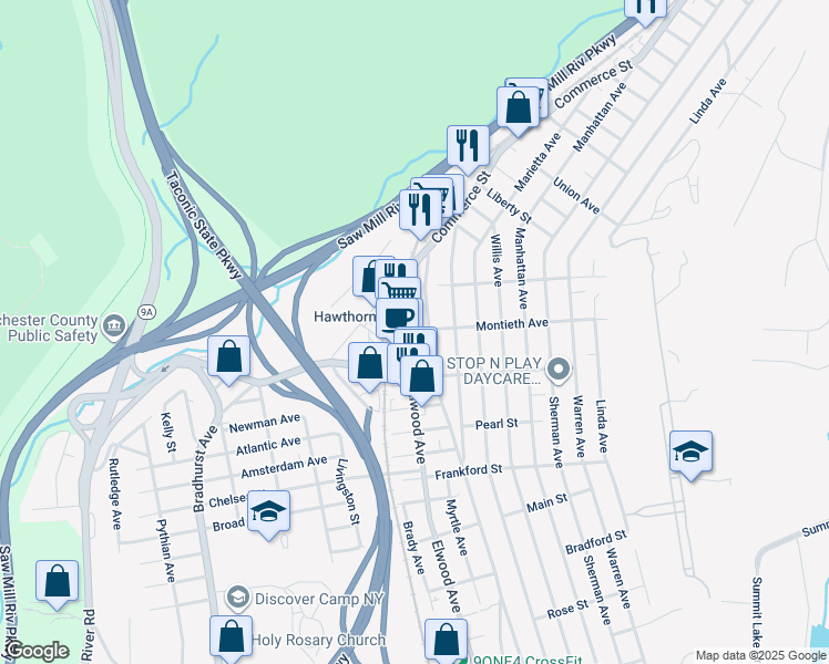 map of restaurants, bars, coffee shops, grocery stores, and more near 388 Elwood Avenue in Hawthorne